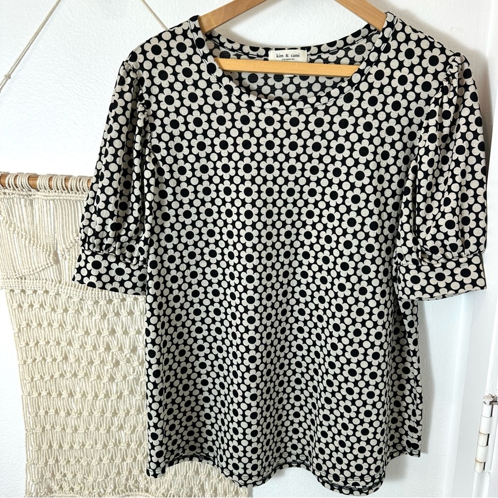 Flower Power 70s Groovy Puff Sleeve Black & White Floral Work Corporate Top XL